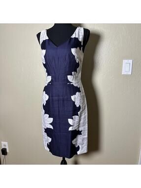 Banana Republic Sheath Dress Linen Blend Tailored Quiet Luxury Navy White